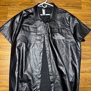 BooHooMan Black Leather Button Up Short Sleeve Shirt.